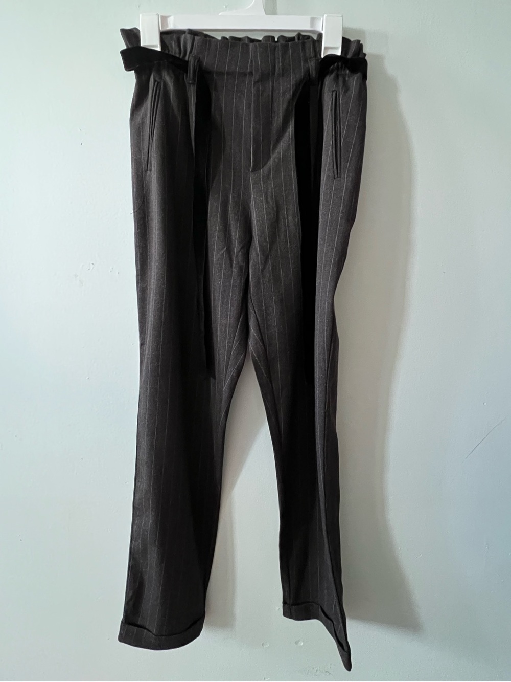 High-Rise Pinstripe Paperbag Waist Pants - Black